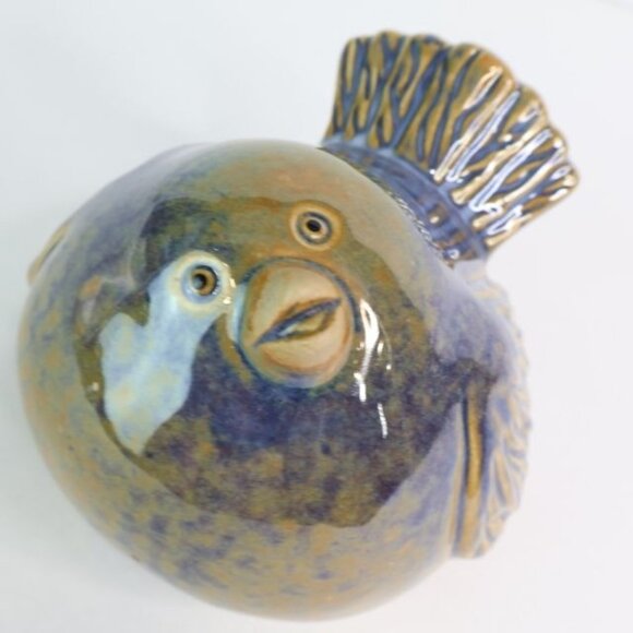 Pudgy Bird Figurine Blue Brown Glaze Shelf Decor - Picture 1 of 8